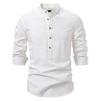 Men’s 100% Cotton Half-Button Shirt – Solid Color Casual Long Sleeve Top