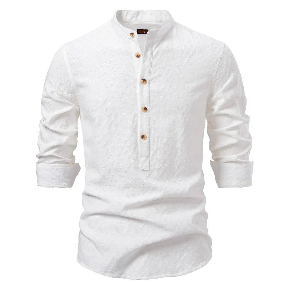 Men’s 100% Cotton Half-Button Shirt – Solid Color Casual Long Sleeve Top