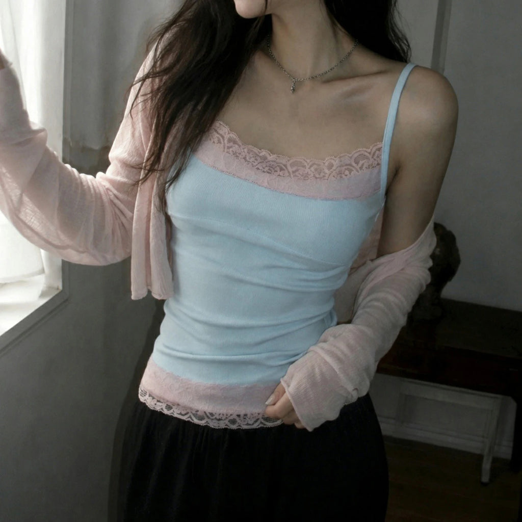 Lace Trim Patchwork Camisole – Women’s Y2K Spaghetti Strap Tank Top