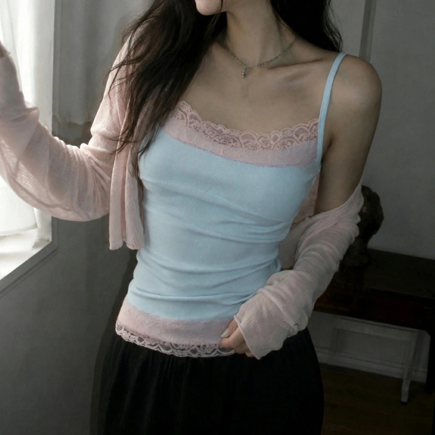 Lace Trim Patchwork Camisole – Women’s Y2K Spaghetti Strap Tank Top