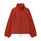 Women’s Red Cropped Bomber Jacket – Loose Fit Stand Collar Coat