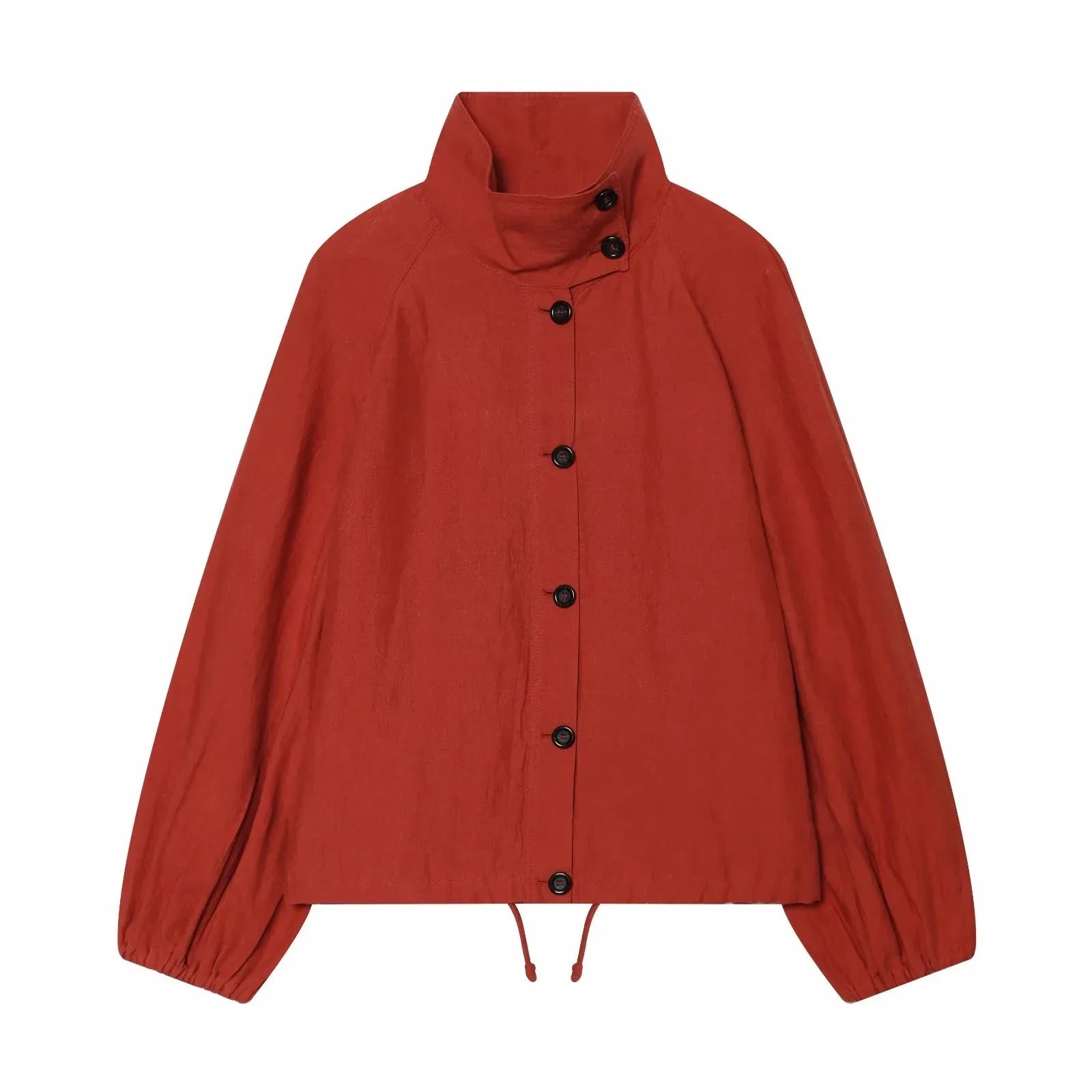 Women’s Red Cropped Bomber Jacket – Loose Fit Stand Collar Coat