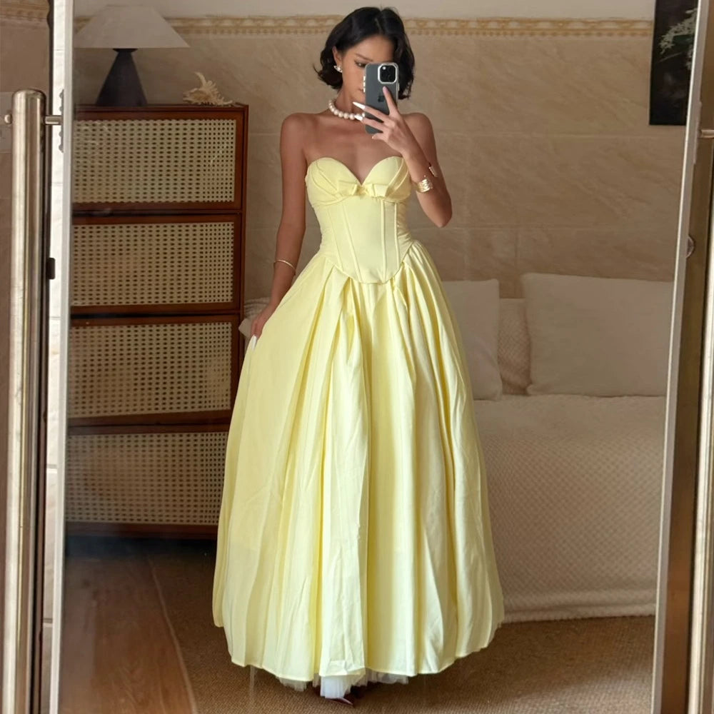 Yellow Tulle Corset Maxi Dress – Women’s Lace Up Evening Gown