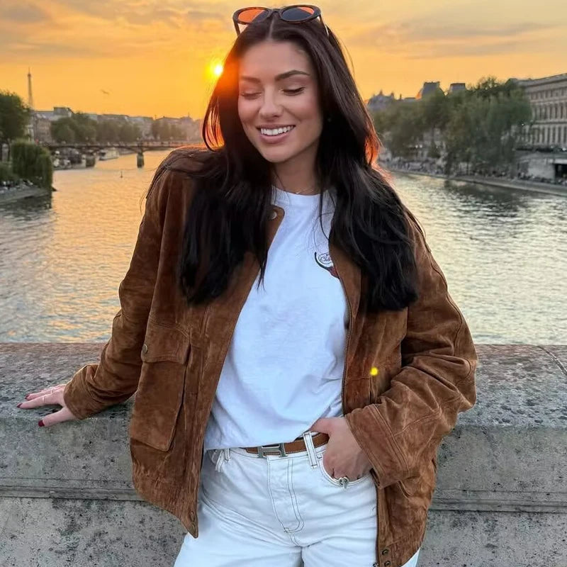 Women’s Suede Cropped Bomber Jacket – Chic Long Sleeve Outerwear