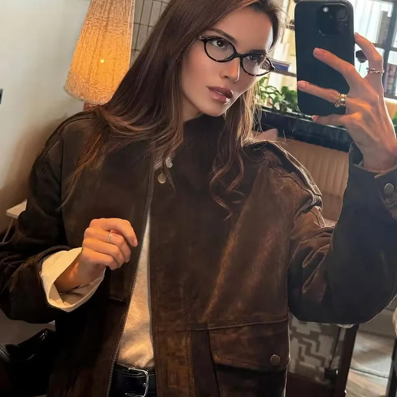 Women’s Suede Cropped Bomber Jacket – Chic Long Sleeve Outerwear