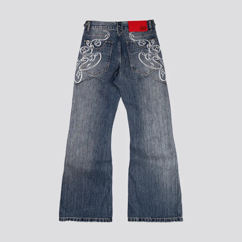 Y2k Blue Opening Bootcut Jeans Vintage Washed Embroidery Men Women Pants Harajuku High Street Streetwear Unisex Casual Jeans