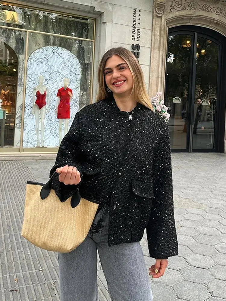 Women’s Sequin Bomber Jacket – Chic Long Sleeve Fall Outerwear