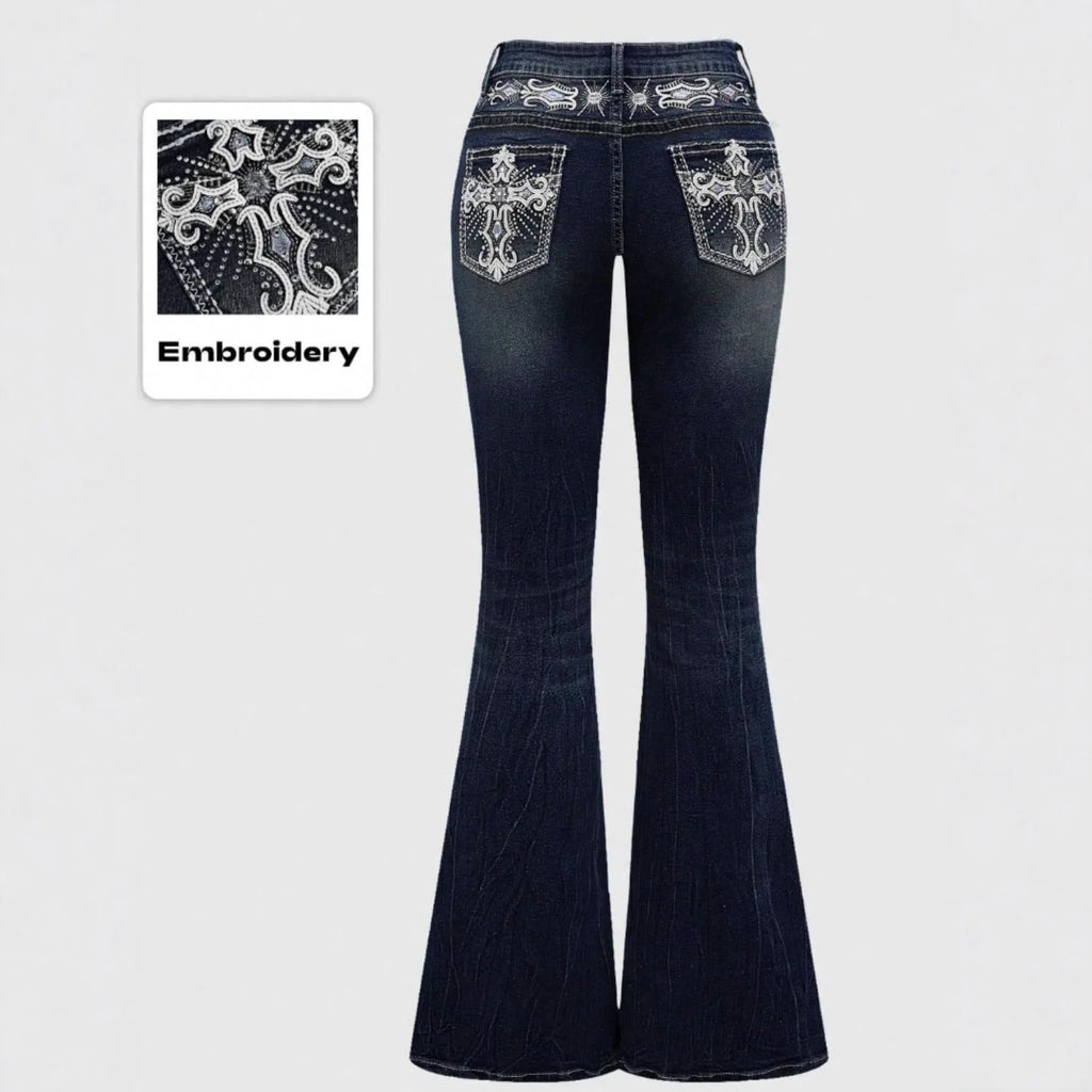 Women’s Vintage Flare Jeans – Embroidered Rhinestone Bootcut Denim Pants