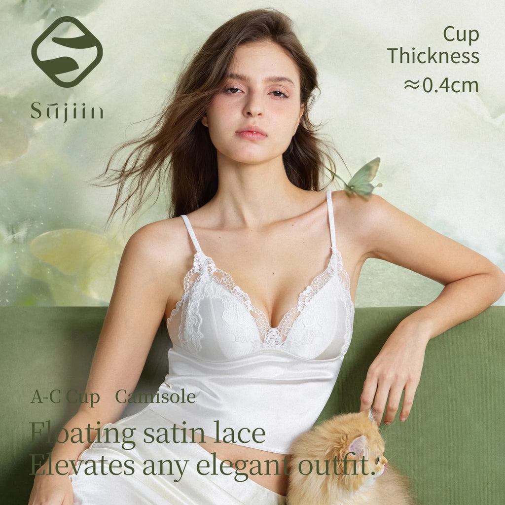French Lace Satin Camisole Top – Women’s V Neck Strap Tank
