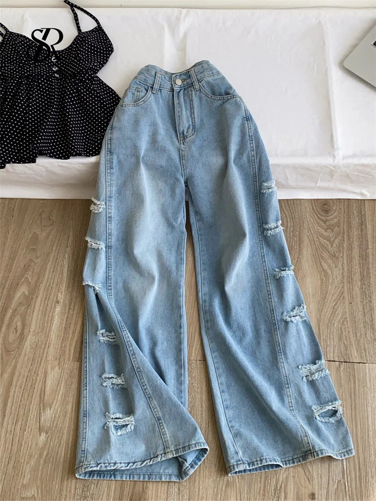 Women’s Distressed Wide Leg Jeans – Loose Fit Y2K Streetwear Denim Pants