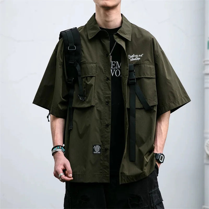 Men’s Oversized Cargo T-Shirt – Japanese Retro Multi-Pocket Y2K Streetwear Tee