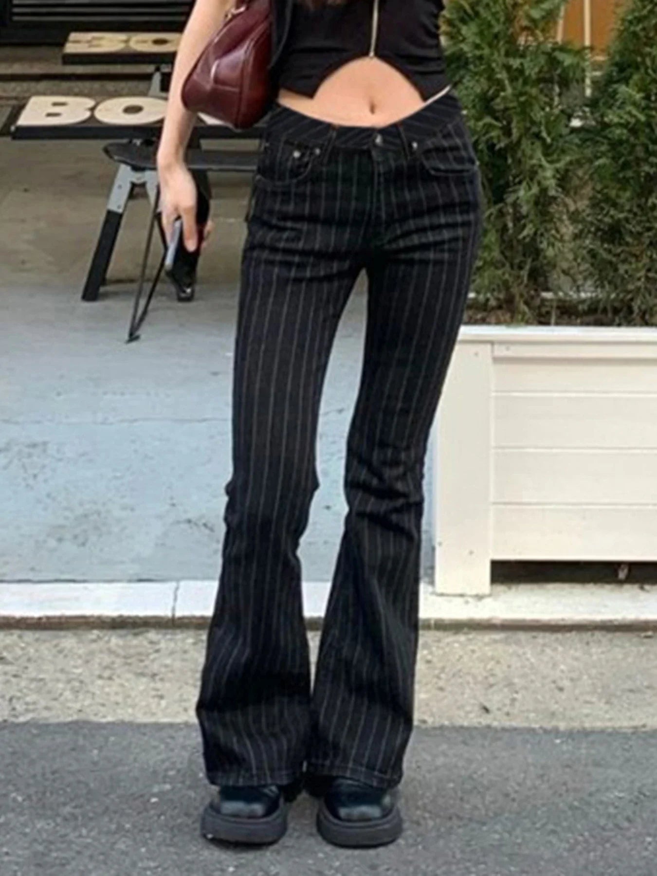 Women’s Vintage Stripe Slim Jeans – Low Waist 90s Streetwear Denim Pants