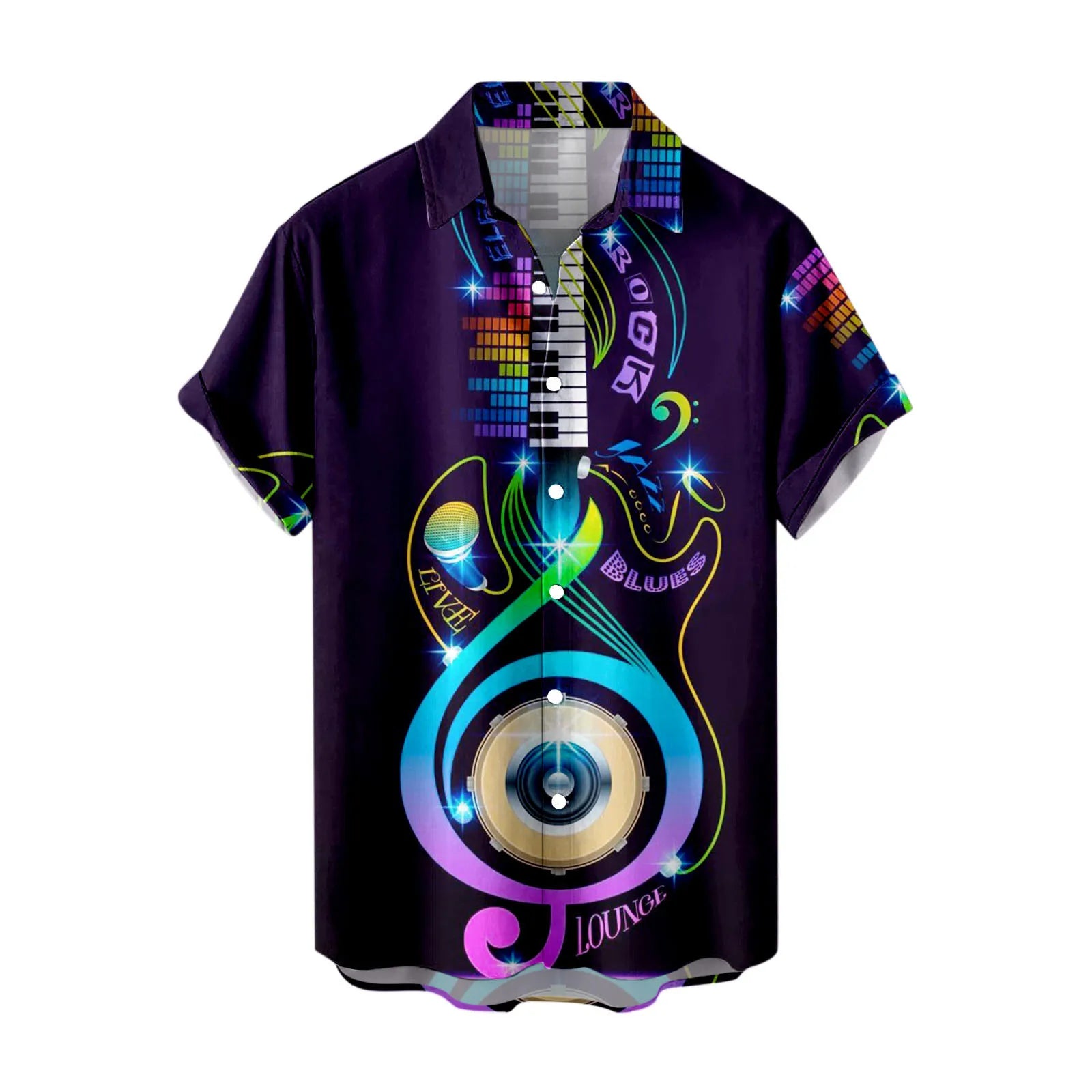 Men’s 3D Musical Note Print Shirt – Short Sleeve Open Front Casual Top