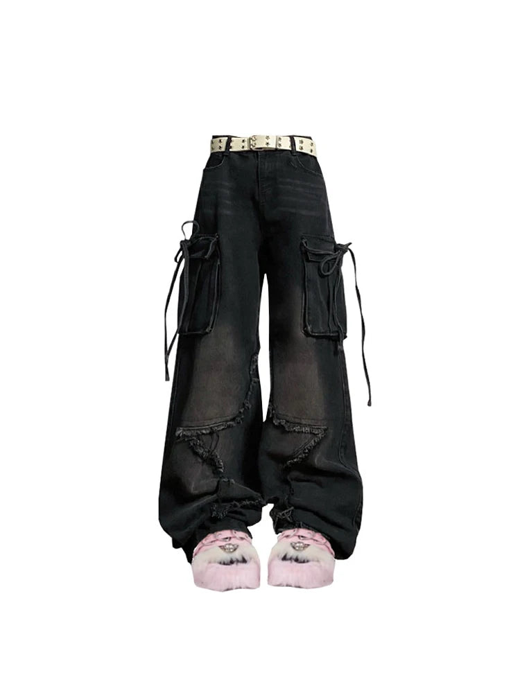 Women’s Blue Cargo Jeans – High Waist Vintage Baggy Denim Pants