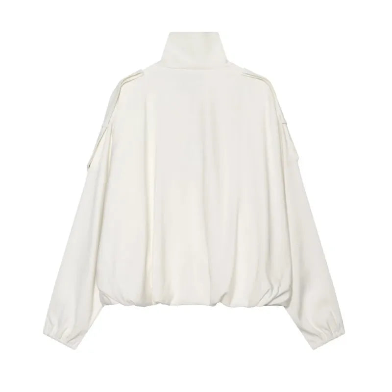 Women’s High Neck Bomber Jacket – Long Sleeve Shoulder Pad Outerwear