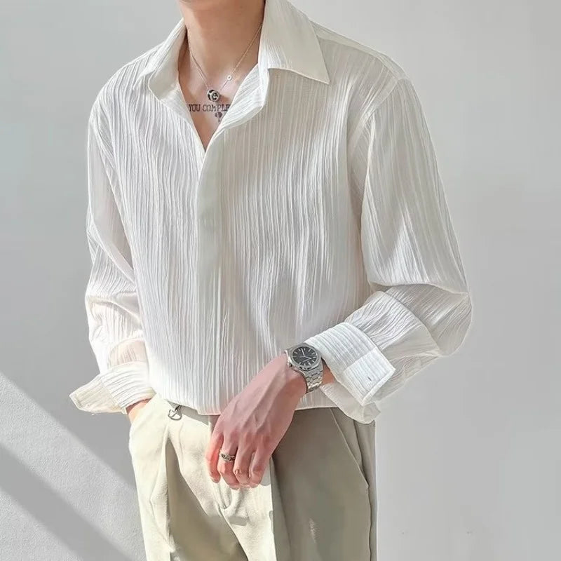 Men’s Pleated Long Sleeve Shirt – Loose Fit Korean Casual Dress Shirt