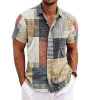 Men’s Vintage Patchwork Printed Shirt – Short Sleeve Tropical Vacation Top