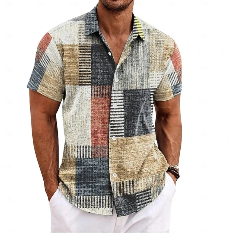 Men’s Vintage Patchwork Printed Shirt – Short Sleeve Tropical Vacation Top