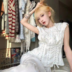 French Retro Lace Patchwork Blouse – Women’s Slim Fit White Summer Short Sleeve Shirt