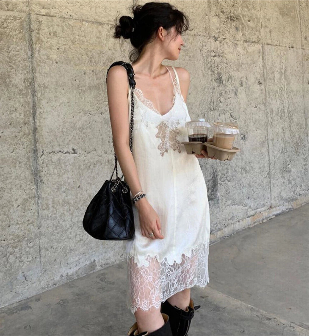 Silky Lace Strap Slip Dress – Women’s Deep V Neck Sleeveless Mini Dress