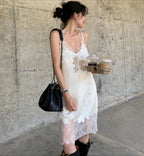 Silky Lace Strap Slip Dress – Women’s Deep V Neck Sleeveless Mini Dress