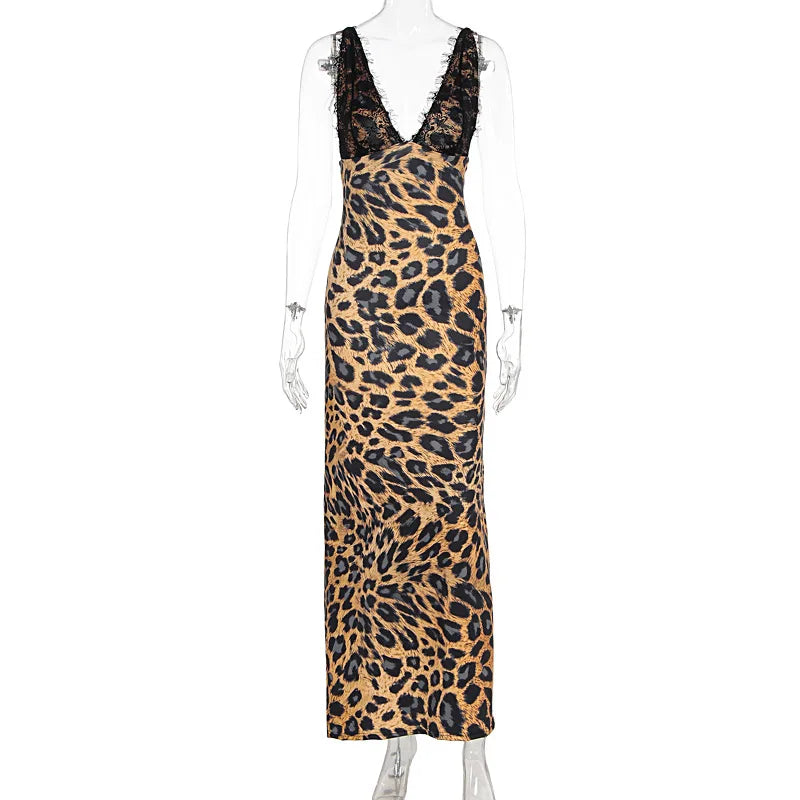 Leopard Lace Backless Maxi Dress