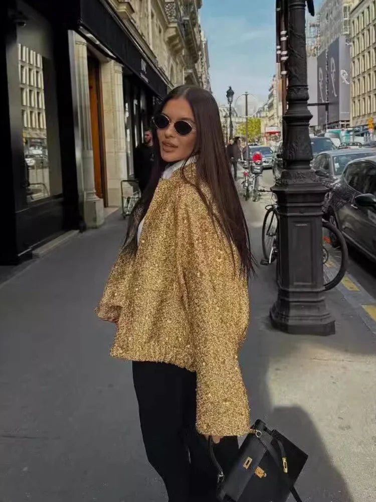 Women’s Sequin Bomber Jacket – Chic Long Sleeve Fall Outerwear