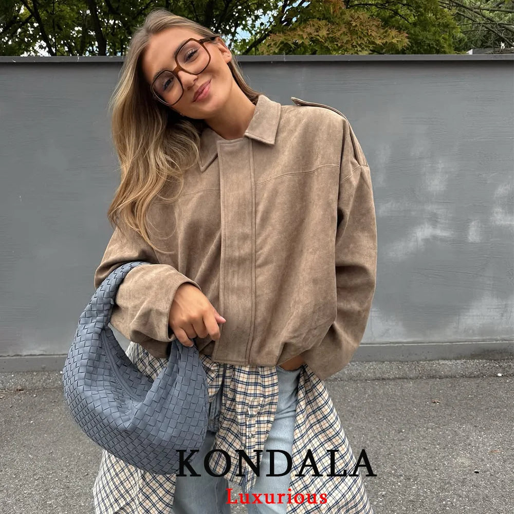 Women’s Khaki Suede Bomber Jacket – Oversized Zip-Up Coat