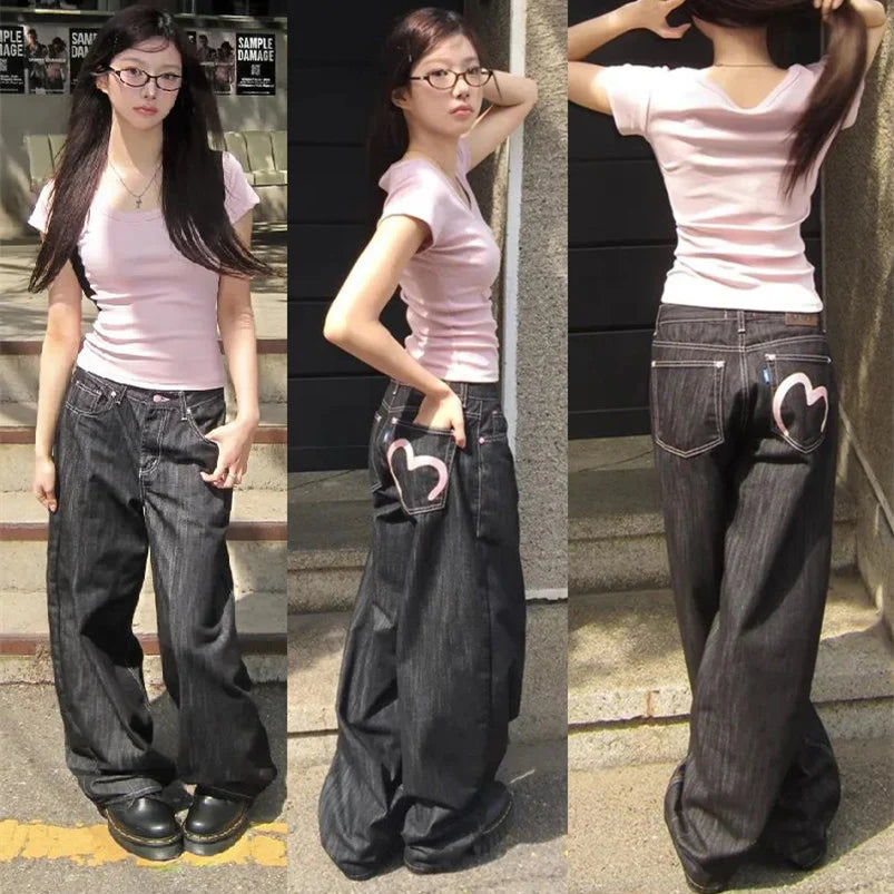 Women’s Y2K Wide Leg Baggy Jeans – Vintage Grunge Denim Pants