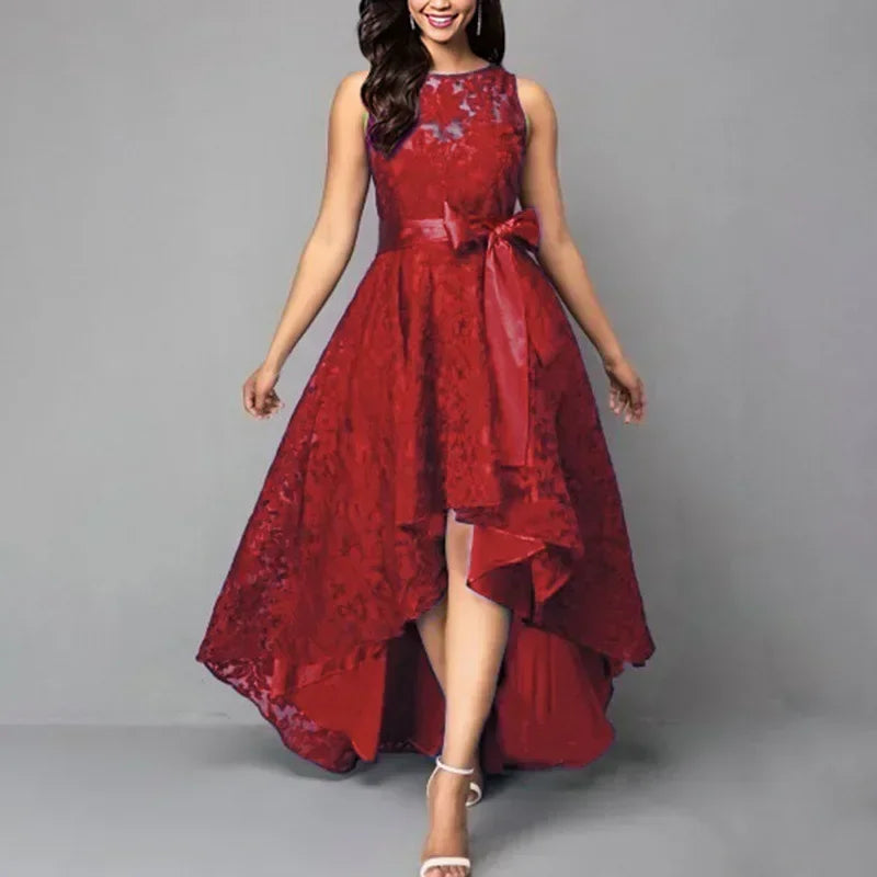 Elegant Lace Bridesmaid Maxi Dress – Women’s High Waist Bow Evening Gown