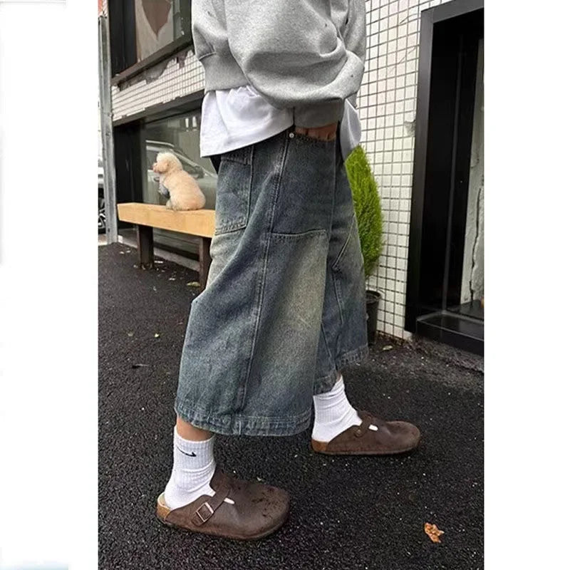 Men’s Vintage Washed Denim Shorts – Loose Wide Leg Casual Pants