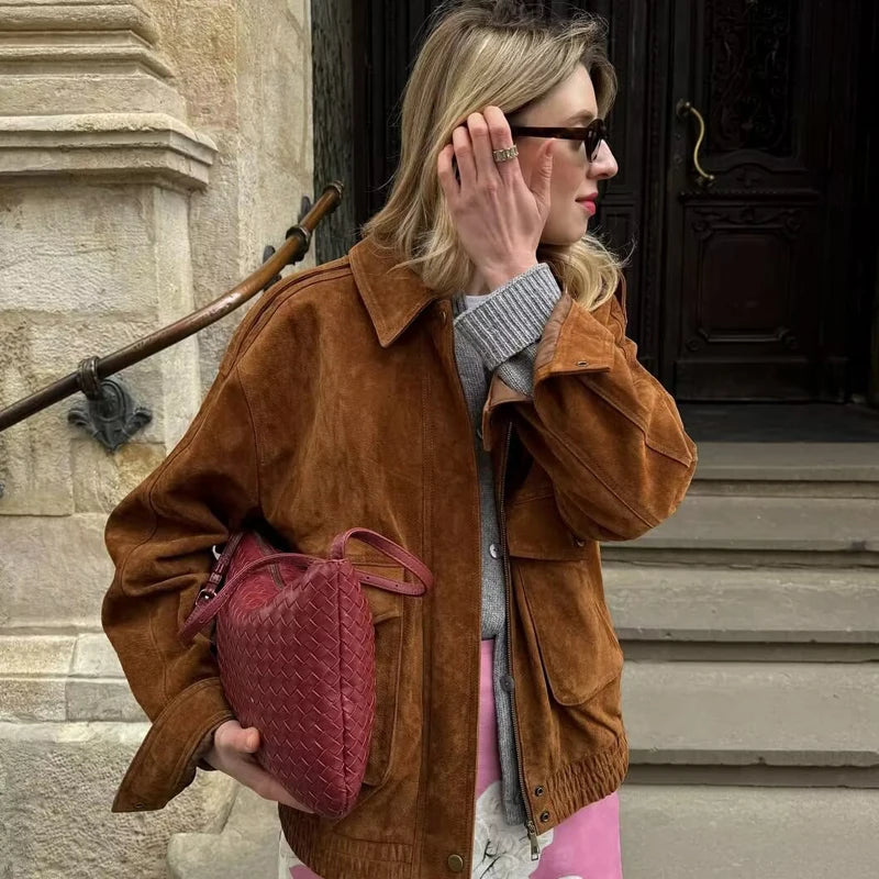 Women’s Suede Cropped Bomber Jacket – Chic Long Sleeve Outerwear