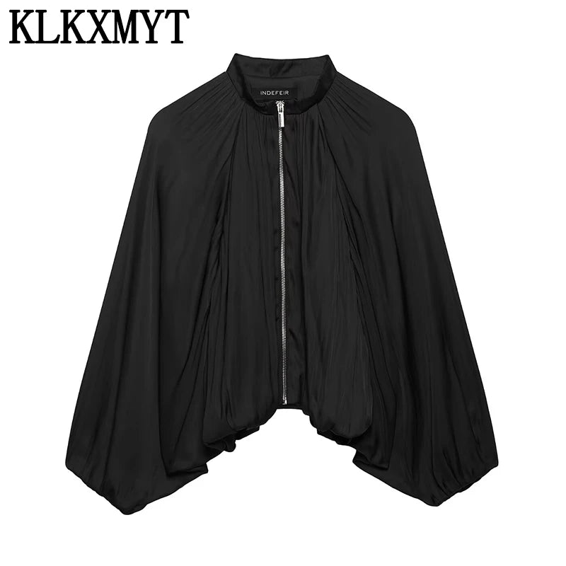 Women’s Cropped Satin Bomber Jacket – Black Zip-Up Streetwear Coat