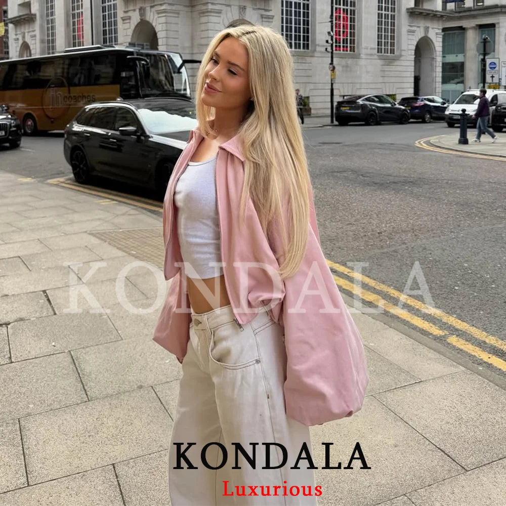 Women’s Pink Lantern Sleeve Bomber Jacket – Chic Zip-Up Spring Coat