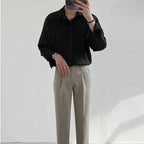 Men’s Pleated Long Sleeve Shirt – Loose Fit Korean Casual Dress Shirt