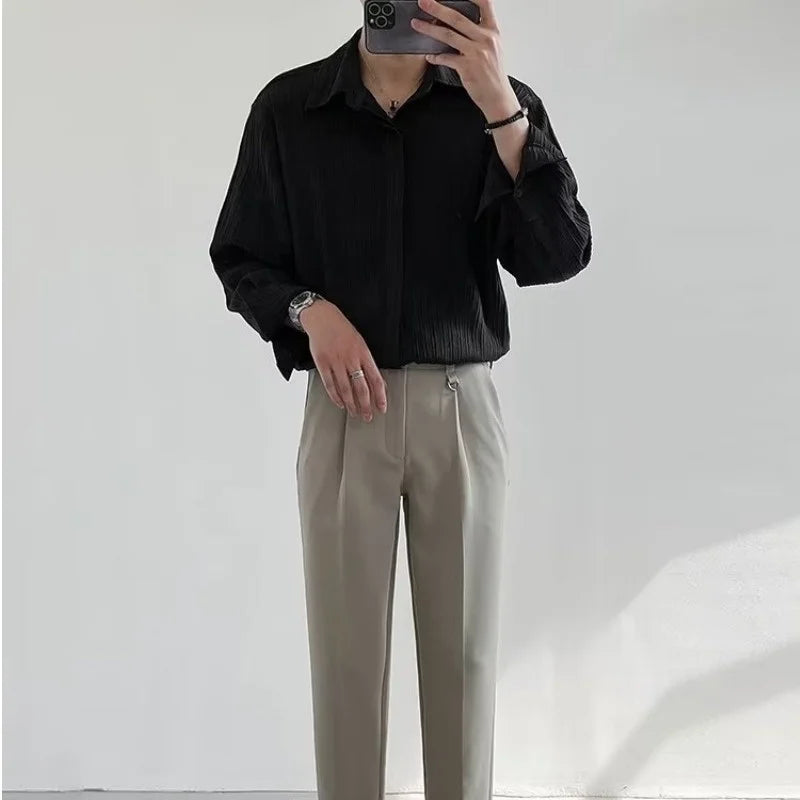Men’s Pleated Long Sleeve Shirt – Loose Fit Korean Casual Dress Shirt