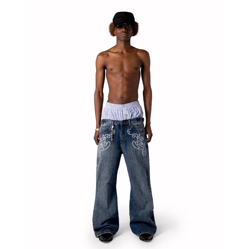 Y2k Blue Opening Bootcut Jeans Vintage Washed Embroidery Men Women Pants Harajuku High Street Streetwear Unisex Casual Jeans