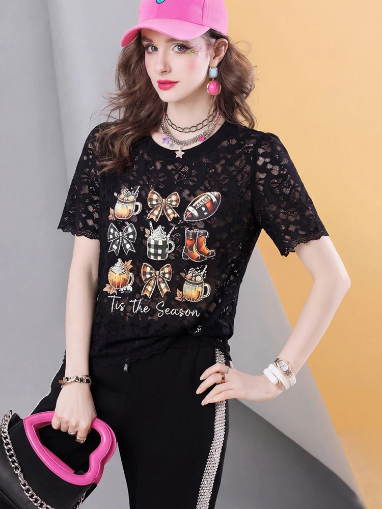 Women’s Vintage Black Lace Graphic Tee