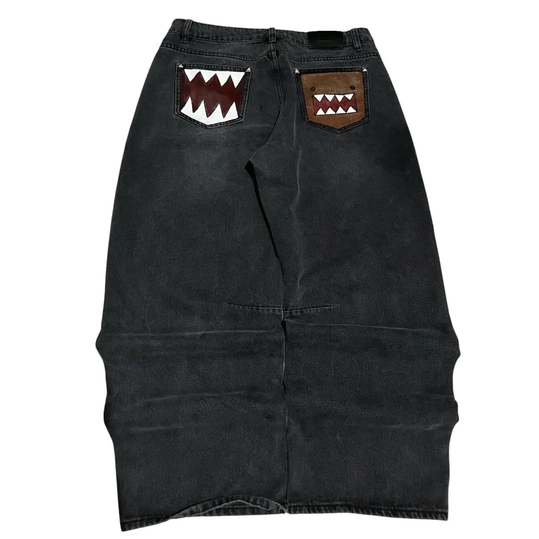 Washed Black Monster Embroidery Jeans – Unisex Baggy Wide Leg Denim Pants