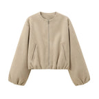 Women’s Retro Zip Bomber Jacket – Soft Long Sleeve Autumn Winter Coat