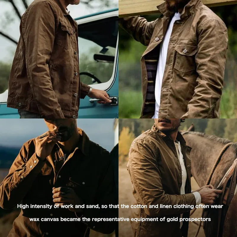 Men’s Retro Waxed Canvas Jacket – Waterproof Khaki Hunting Work Coat