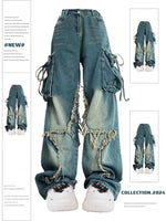 Women’s Blue Cargo Jeans – High Waist Vintage Baggy Denim Pants