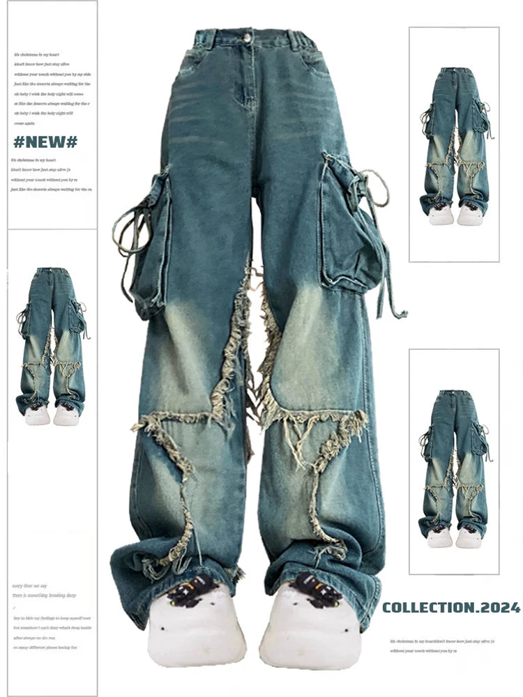 Women’s Blue Cargo Jeans – High Waist Vintage Baggy Denim Pants