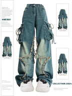 Women’s Blue Cargo Jeans – High Waist Vintage Baggy Denim Pants