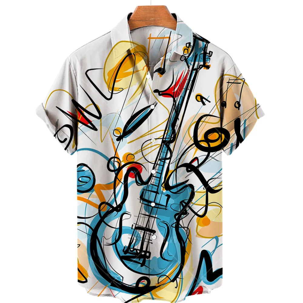 Men’s 3D Musical Note Print Shirt – Short Sleeve Open Front Casual Top