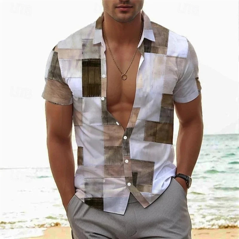 Men’s Vintage Patchwork Printed Shirt – Short Sleeve Tropical Vacation Top