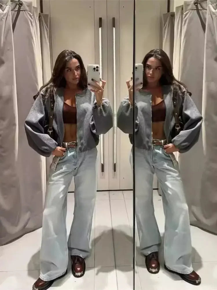 Women’s Retro Zip Bomber Jacket – Soft Long Sleeve Autumn Winter Coat