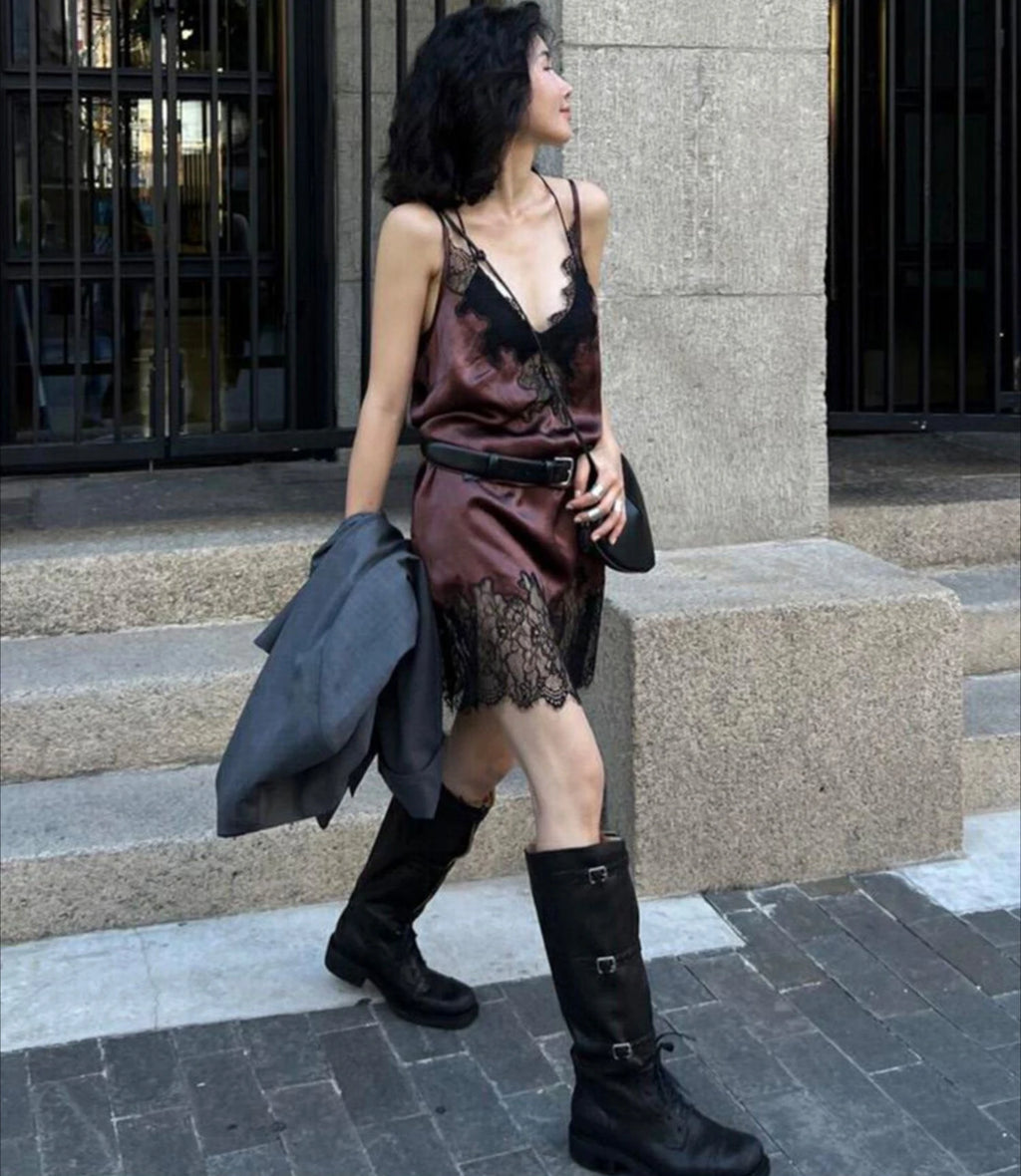 Silky Lace Strap Slip Dress – Women’s Deep V Neck Sleeveless Mini Dress