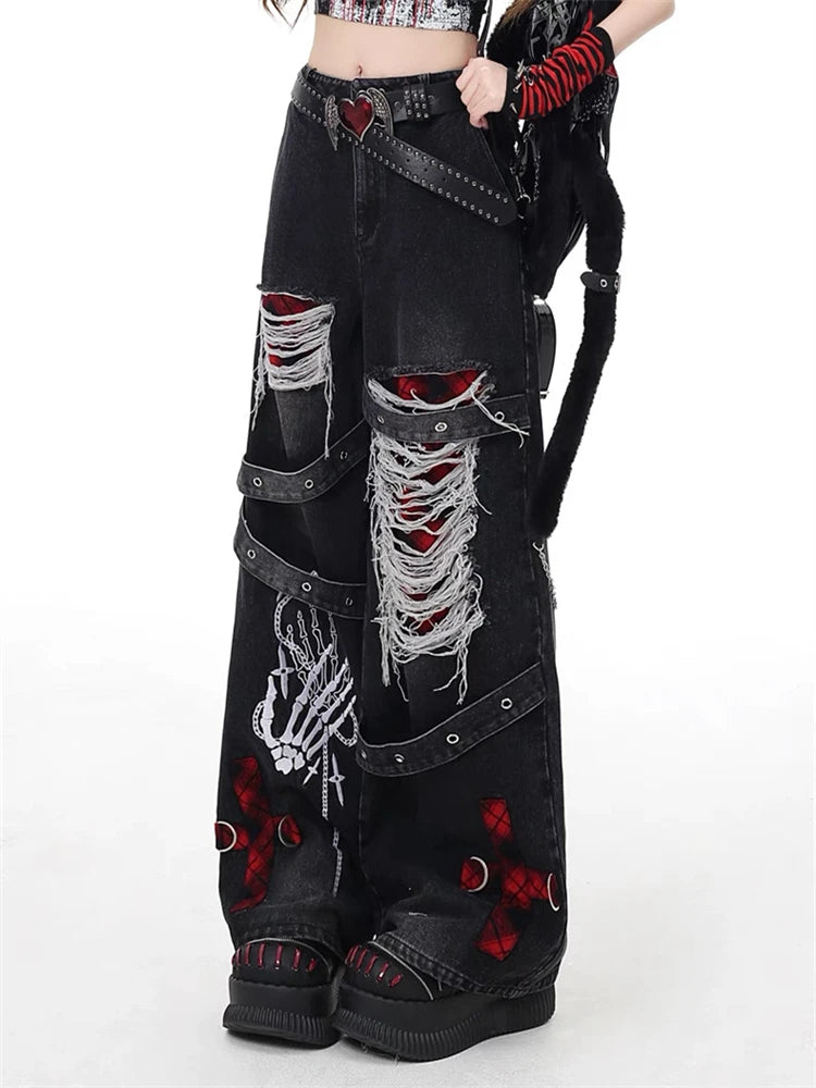 Women’s Red Grid Wide Leg Jeans – High Waist Punk Denim Pants
