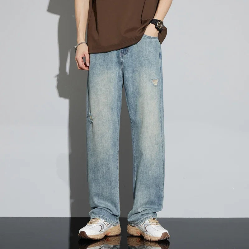 Men’s Vintage Ripped Baggy Jeans – Distressed Straight Leg Denim Pants